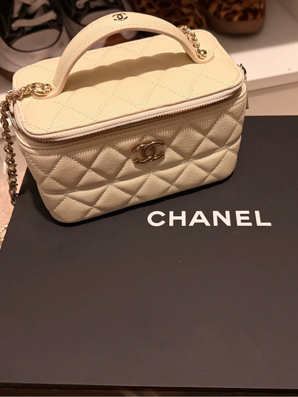 CC PREMIUM QUALITY Cream Quilted Vanity Bag with Gold Chain